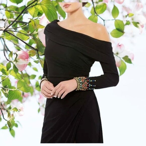 MAC DUGGAL Maxi Gown Dress Black Beaded Cuff Off Shoulder Jersey Stretch Size 16 - Picture 2 of 8